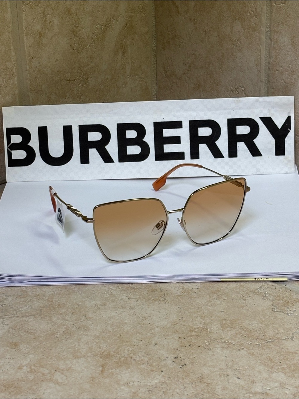 New Burberry BE3143 1109/VO Lite Gold Frame Sunglasses with Orange Gradient Lens